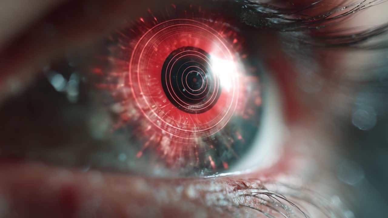 Un intenso primo piano di un occhio futuristico che mostra complessi motivi digitali, luci pulsanti e vivaci tonalità rosse che evocano un senso di tecnologia e cibernetica