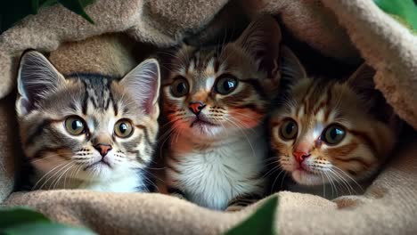 tres gatitos en una cama de gato con hojas verdes