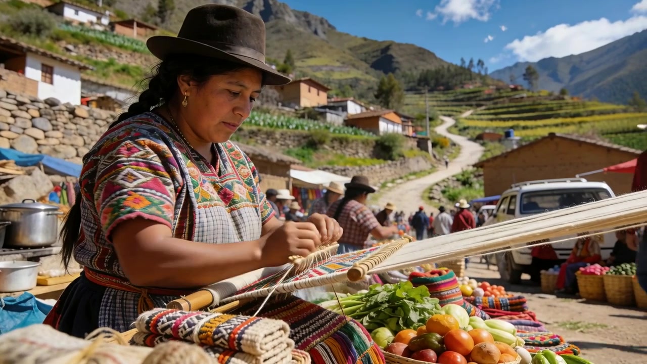 La telecamera si apre mostrando una donna andina che tesse su un telaio orizzontale in una bancarella di montagna, indossando un cappello.