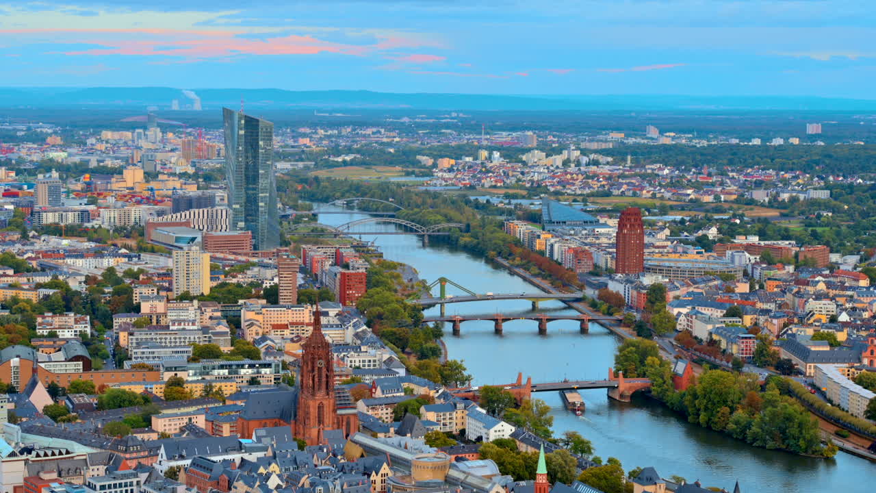 Aerial drone view of the Main River in Frankfurt, Germany