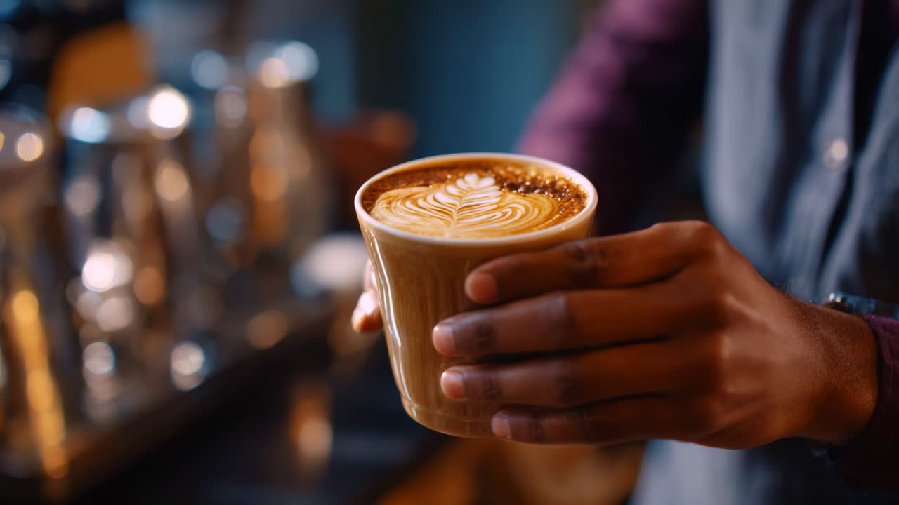 Crafting the Perfect Latte: A Close-Up of Barista Skill in Creating Beautiful Coffee Art with Creamy Latte and Intricate Designs in a Cozy Café Setting