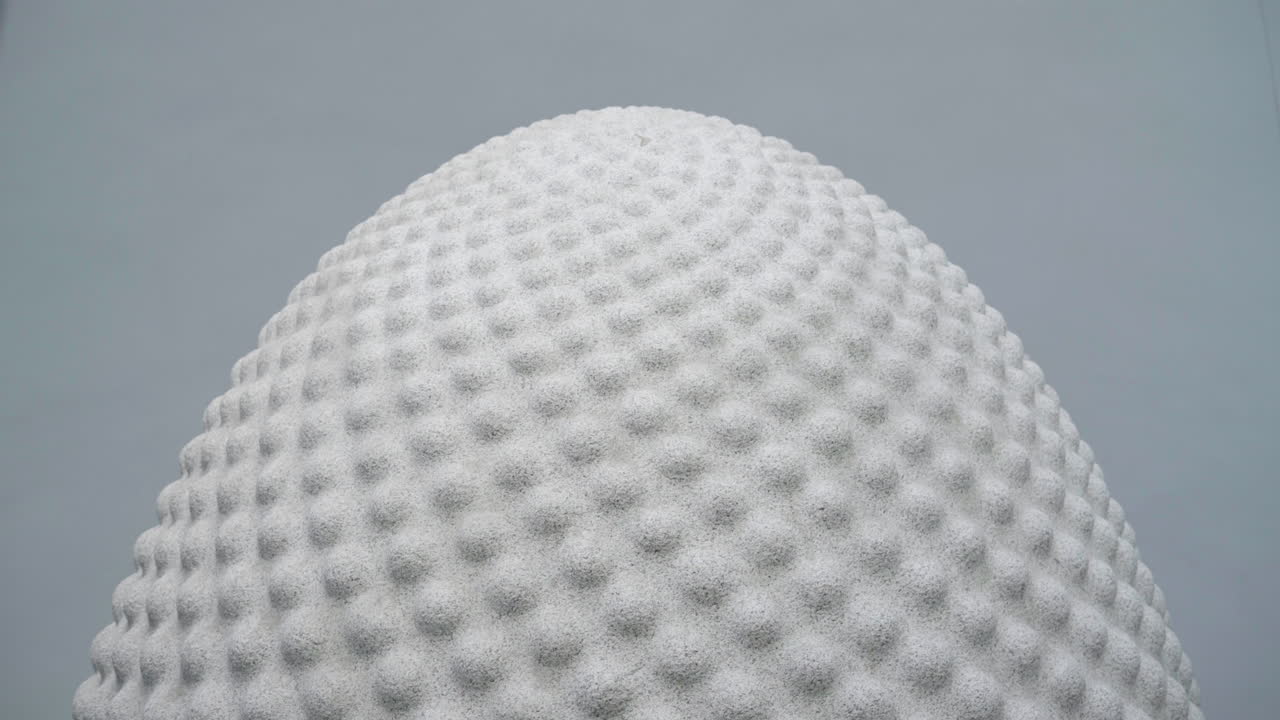 영국 콘월에 있는 에덴 프로젝트의 핵심 건물 중심부에 있는 거대한 화강암 씨앗 모양의 조각의 상단 부분