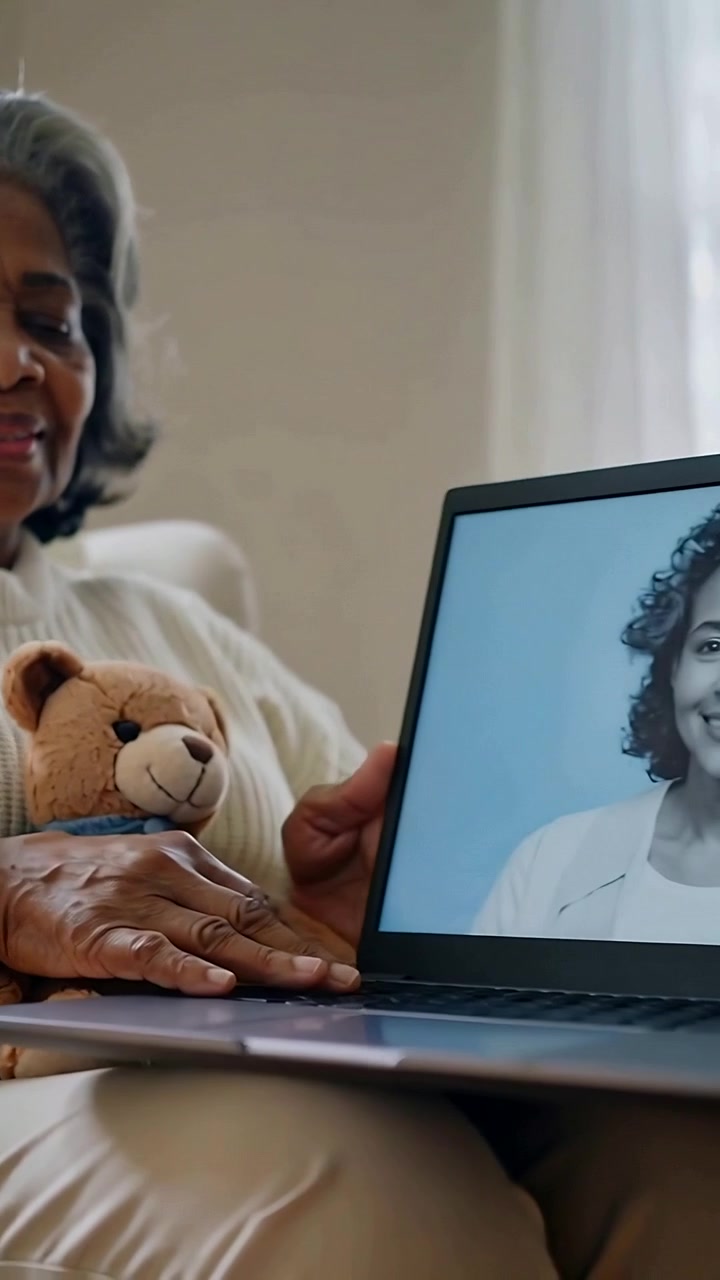 Vertical video: Seeing portrait senior in sweater tilting laptop with teddy in armchair to see face