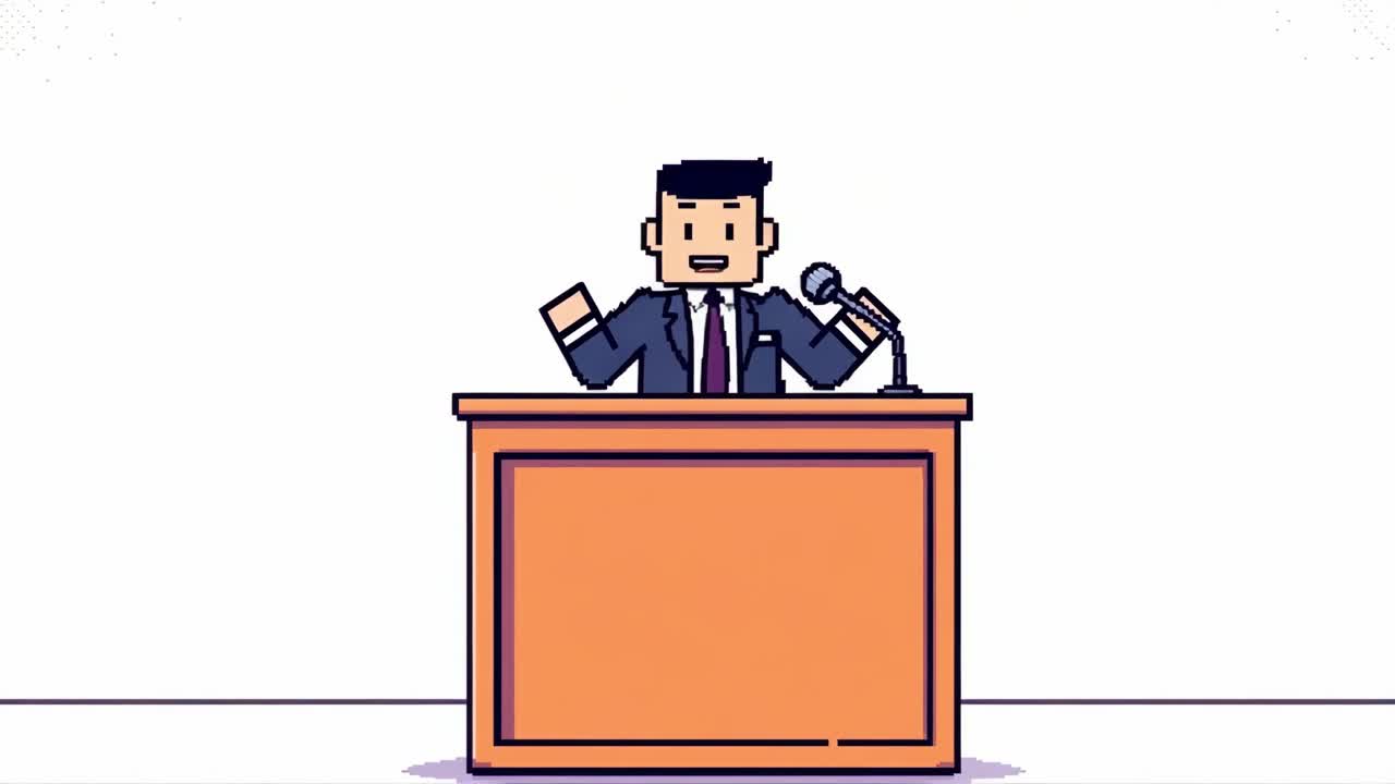 Animated character in a suit stands at a podium, engaging the audience with gestures, showcasing a dynamic presentation and effective communication skills in a professional setting