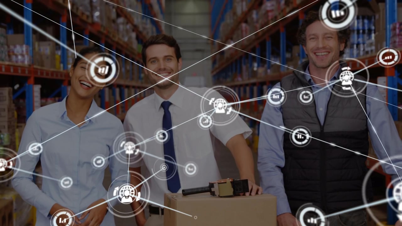 Animazione di una rete di connessioni su diverse persone in magazzino.