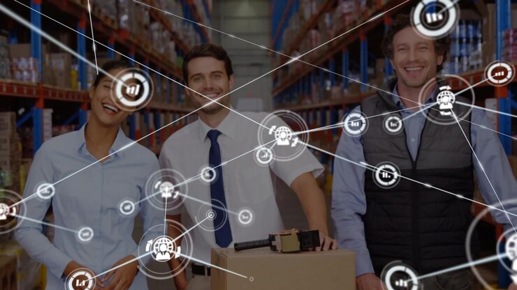 Animazione di una rete di connessioni su diverse persone in magazzino.