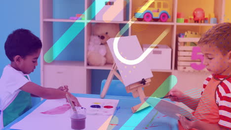 children painting at table, colorful lines animation over classroom background