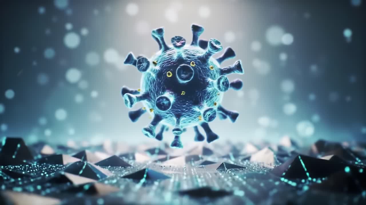 A Detailed Look at a Coronavirus Structure Over a High-Tech Background, Showcasing Its Complex Surface Features and Vibrant Colors in a Scientific Context