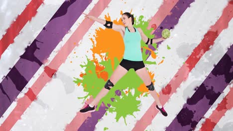 animation of caucasian female handball player holding ball over colorful stripes