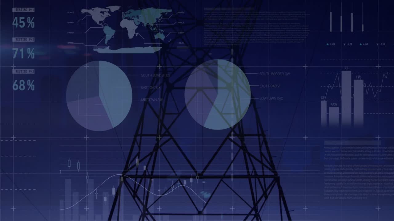 animación del procesamiento de datos estadísticos sobre la torre de la red contra el cielo al atardecer.