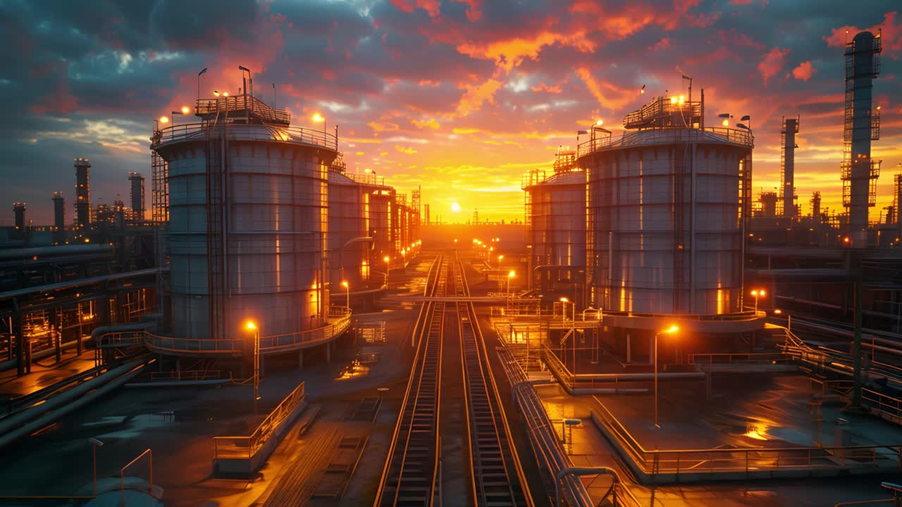 Industrial Complex at Sunset with Storage Tanks and Railway
