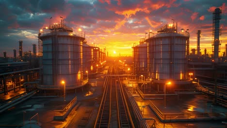 industrial complex at sunset with storage tanks and railway