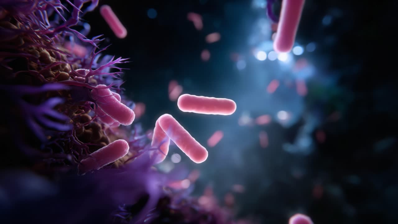 Captivating Microscopic View of Bacterial Life in a Complex Microenvironment with Vibrant Colors and Dynamic Movement Illuminated by Subtle Lighting Effects