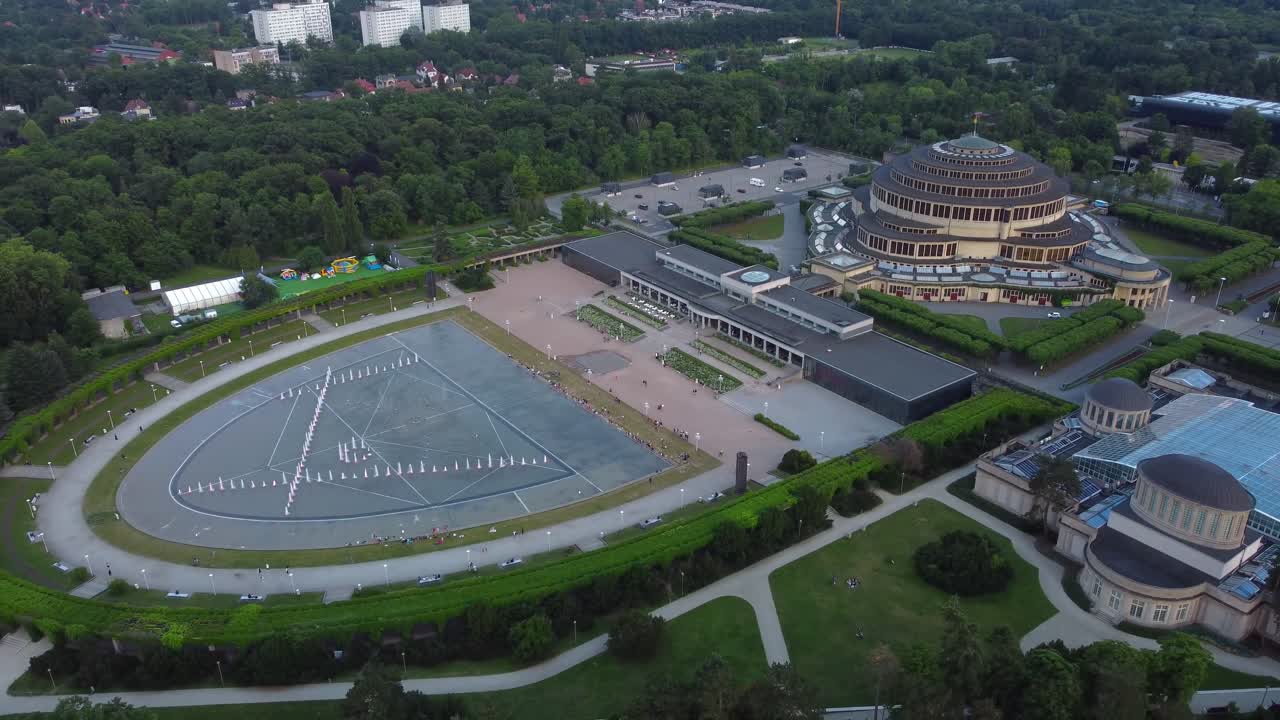 Aerial view of Wroclaw Multimedia Fountain and Centennial Hall in Wrocław, Poland
