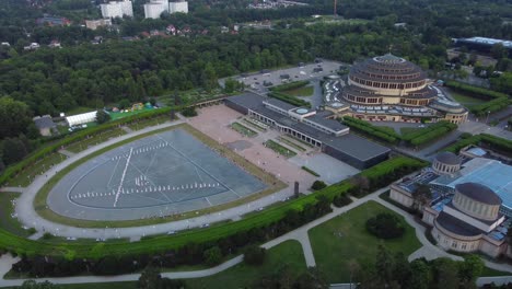 aerial view of wroclaw multimedia fountain and centennial hall in wrocław, poland