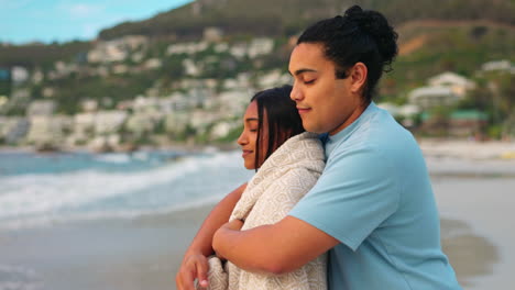 Beach,-hug-and-couple-with-love