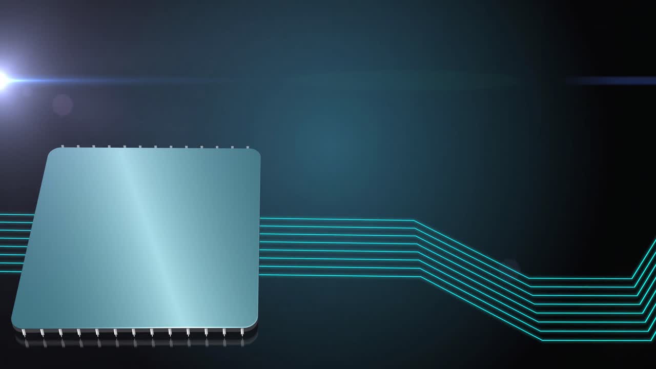 Animation of digital computer circuit board with glowing green lines