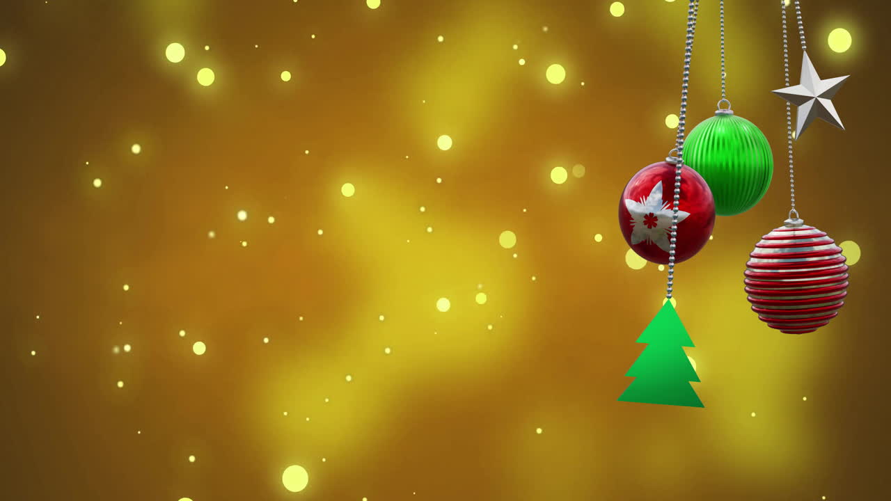 Animation of christmas baubles over light spots on orange background