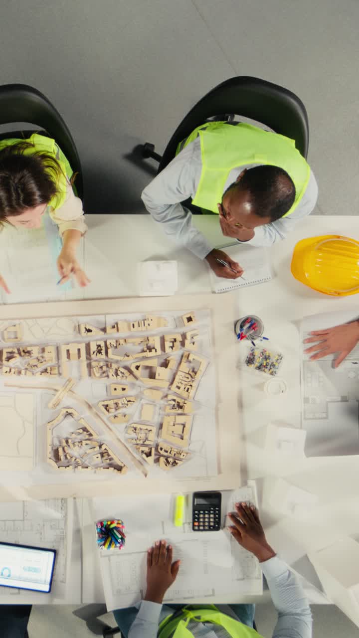 Vertical Video Top down view zoom in of real estate professionals using architectural software