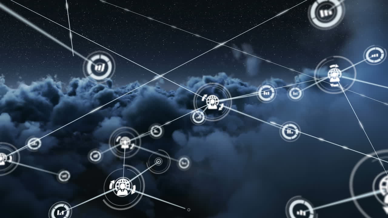 하늘 위의 아이콘으로 연결 네트워크의 애니메이션