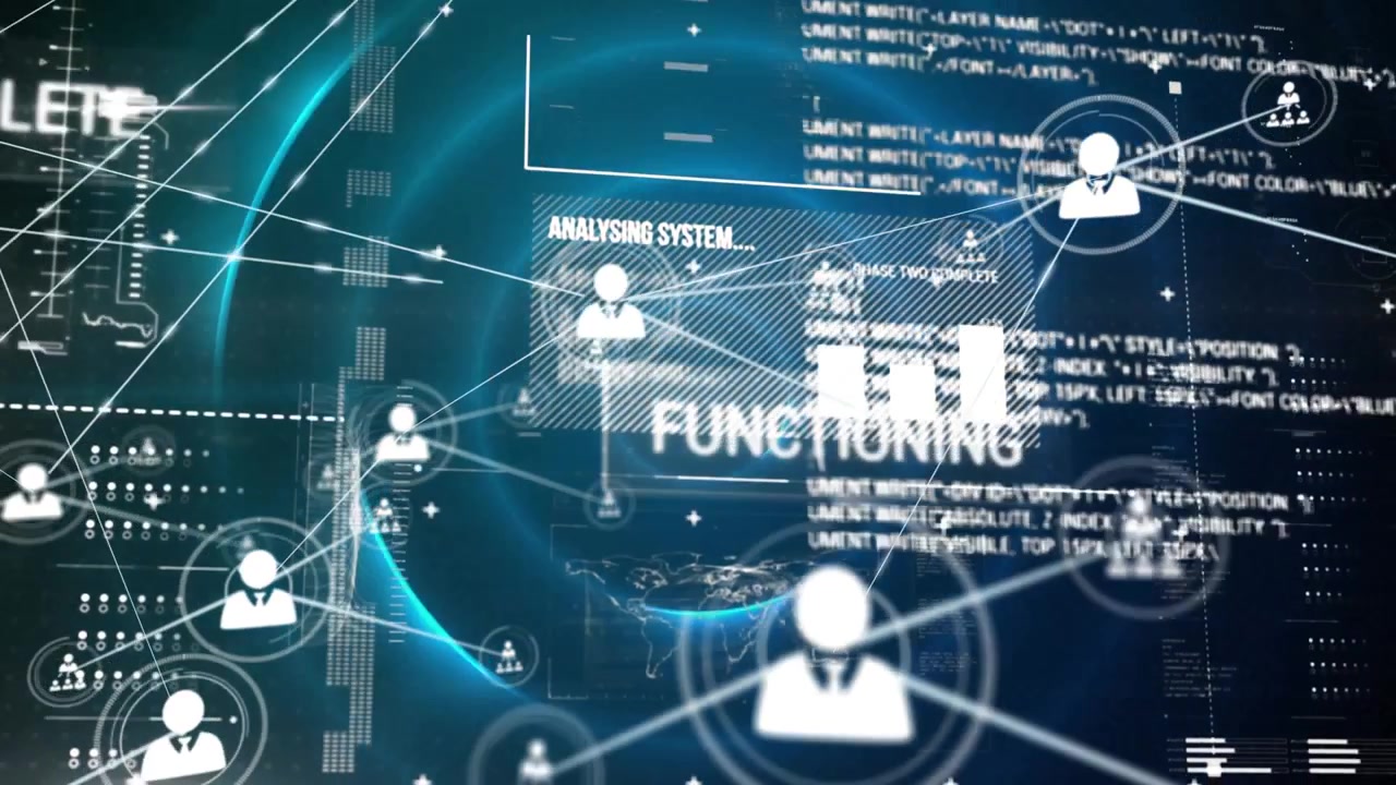 Animation af forbundne ikoner over tekster, grafer, kort over computersprog og cirkulært mønster