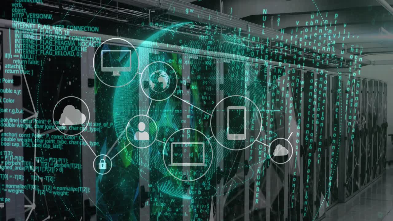 animación del procesamiento de datos y globo con iconos sobre la sala del servidor