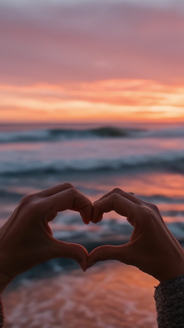 Un bellissimo gesto d'amore al tramonto: due mani che formano un cuore sullo sfondo di una maestosa vista sull'oceano al crepuscolo, con le onde che si infrangono dolcemente sulla riva.