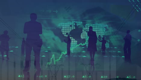 animation of statistics with business people, world map and data processing
