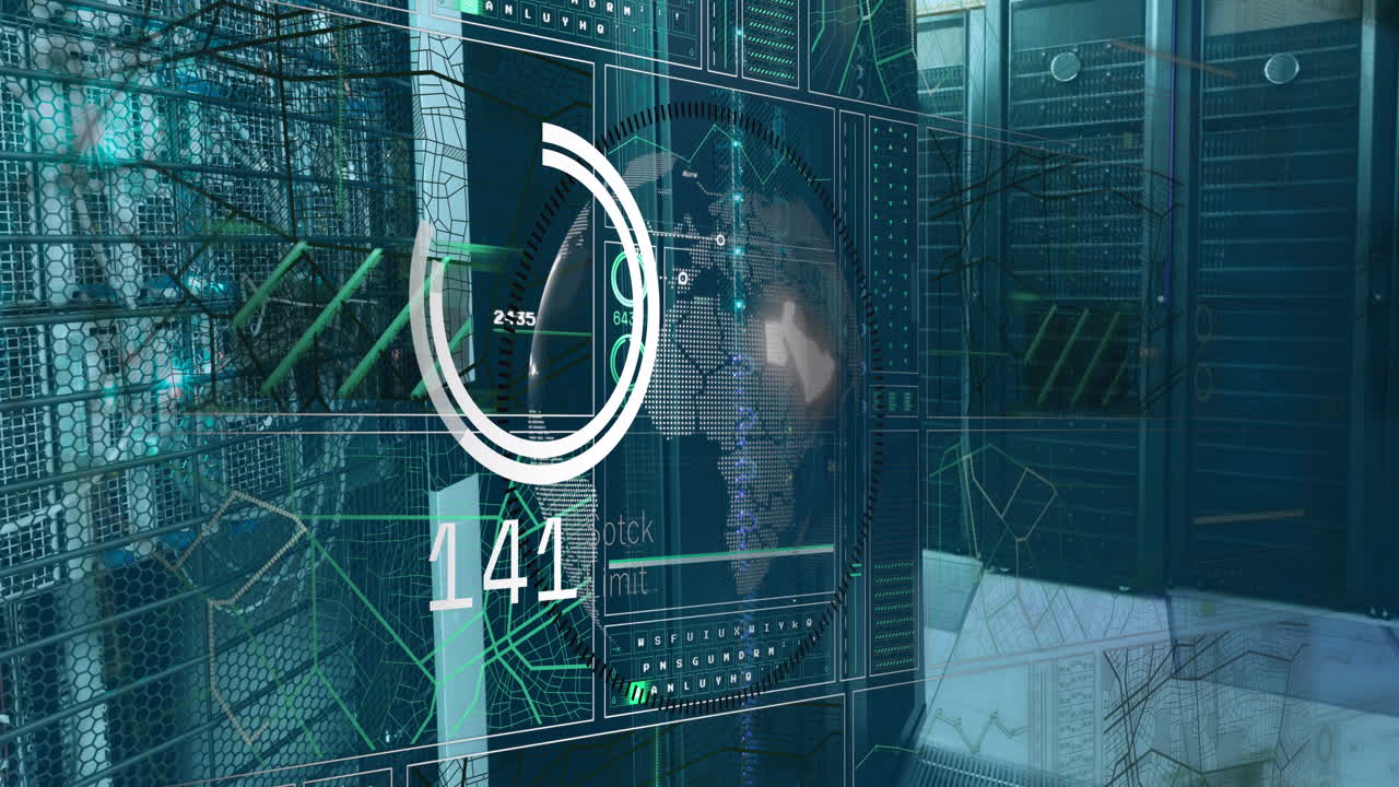 animación del procesamiento de datos y el globo sobre la sala del servidor