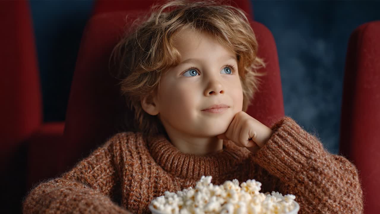 Mietiskelevä hetki: Nuori poika nauttii elokuvakokemuksestaan samalla, kun hän pohtii elämää innostuneena ja ihmetellen, ympärillään kulhollinen popcornia.