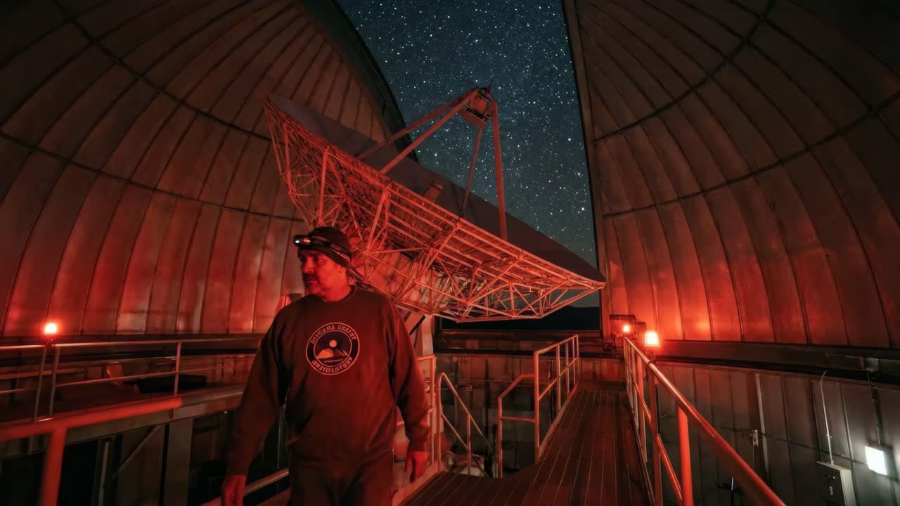 All'interno di un osservatorio con un radiotelescopio di notte