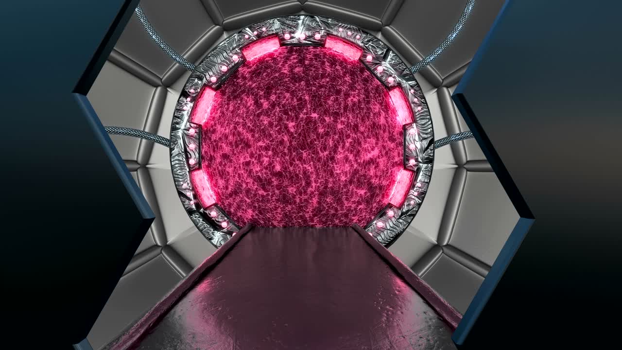 vista panorámica de la escena del paisaje de la estación. fondo abstracto 3d de corredor de ciencia ficción con portal. tecnología futurista abstracto vj sin costuras para títulos tecnológicos y fondo.