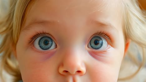 a small child with blue eyes looking at the camera