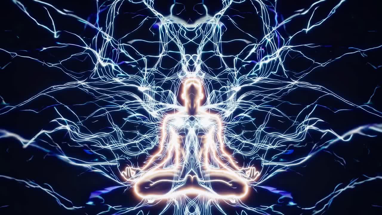 Video astratto di una figura luminosa in meditazione, circondata da linee elettriche.