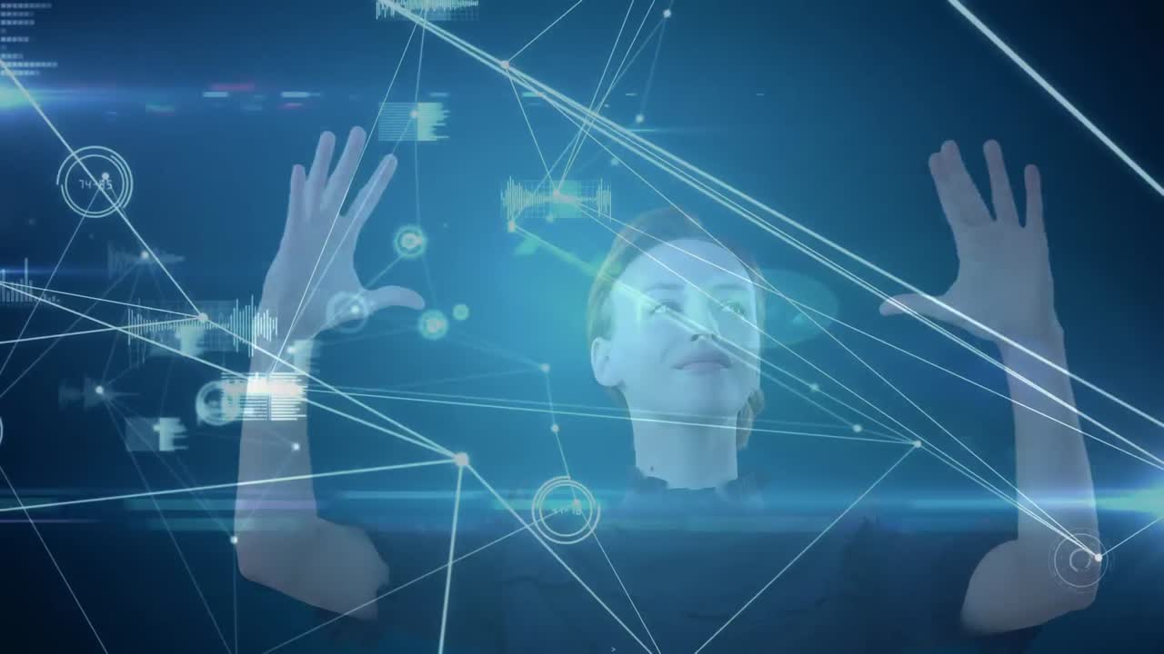 animación de una mujer caucásica usando una pantalla interactiva en 3d sobre una red de conexiones y texto