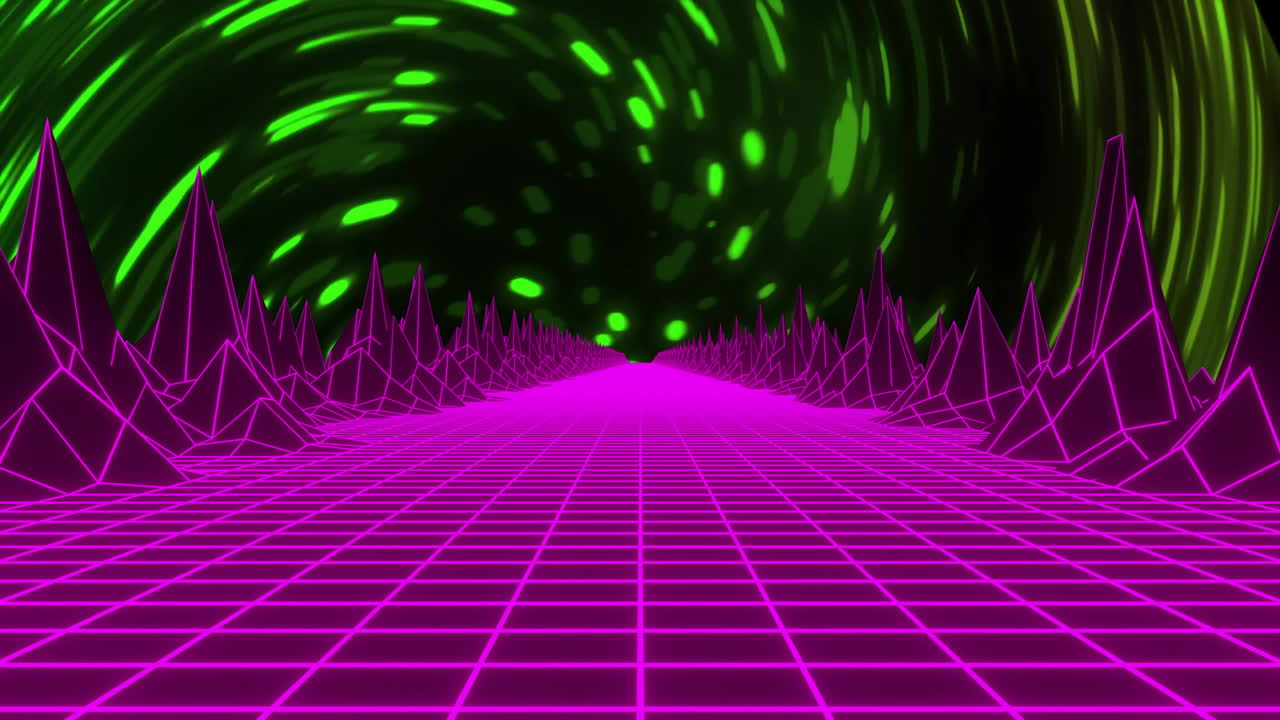 Animation of neon pattern over light trails and metaverse background