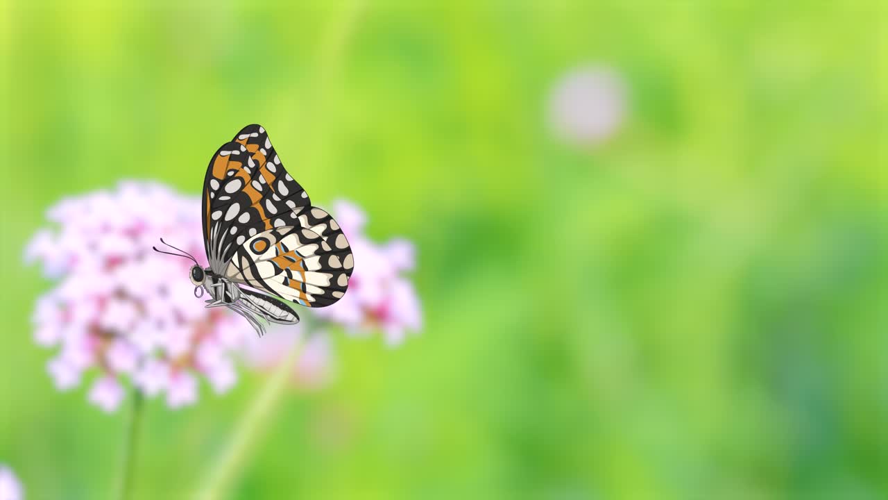 Una farfalla svolazza intorno a fiori rosa su uno sfondo verde lussureggiante, creando un'animazione serena e vivace.
