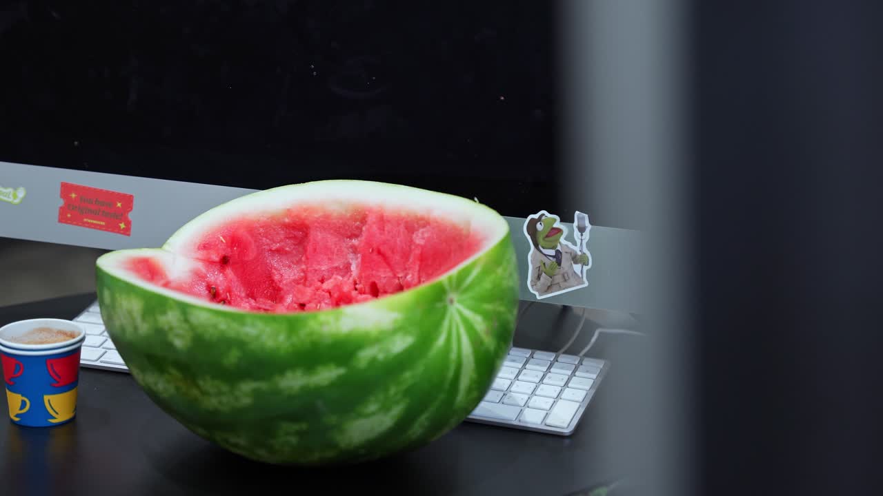 A half-eaten fresh watermelon sits on a dark office desk next to a white keyboard and a small coffee cup. A desktop monitor with stickers is in the background. Healthy snacking at work