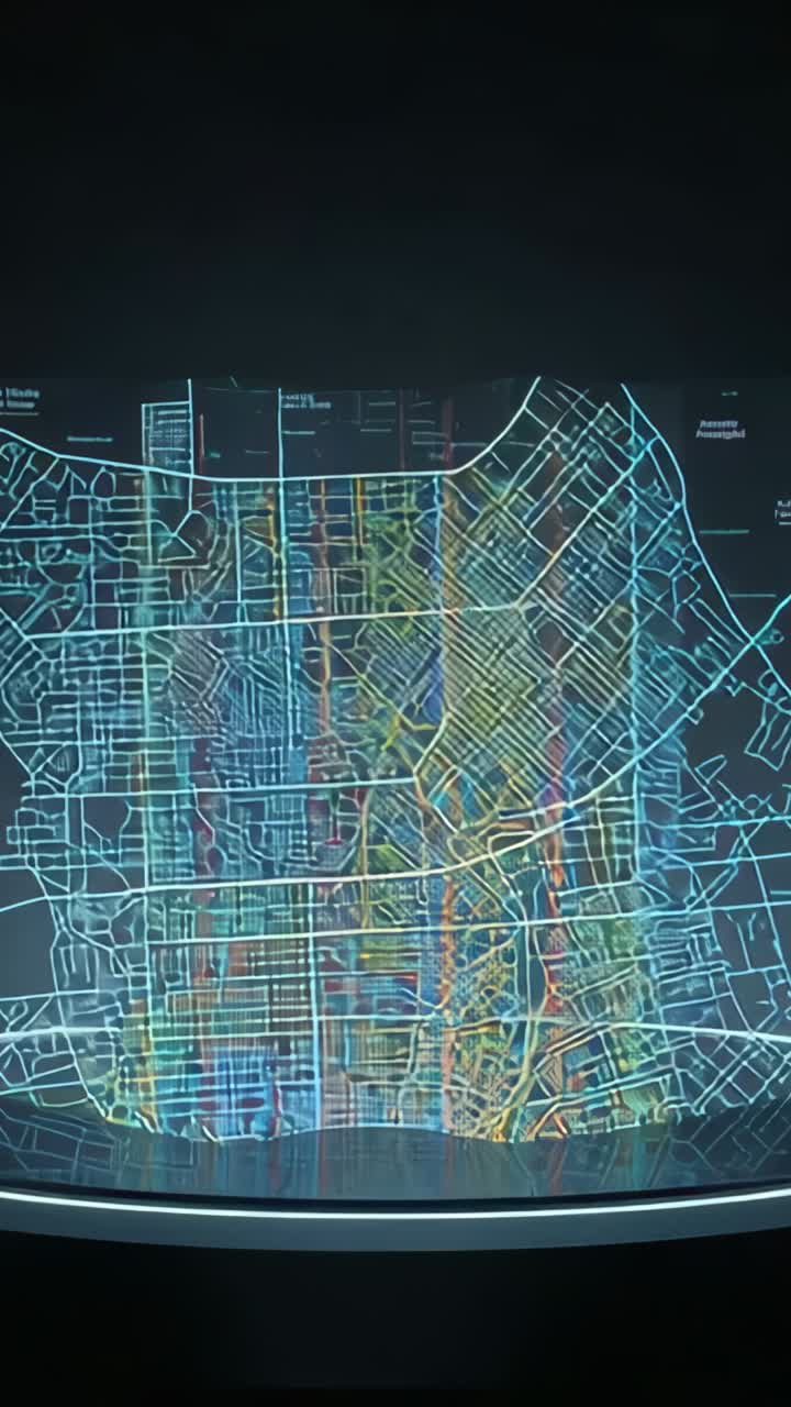 Vertical video: Projecting colorful street grid folding into column, unfolding on curved display