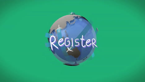 animation of blue globe with register text, airplanes flying on green background