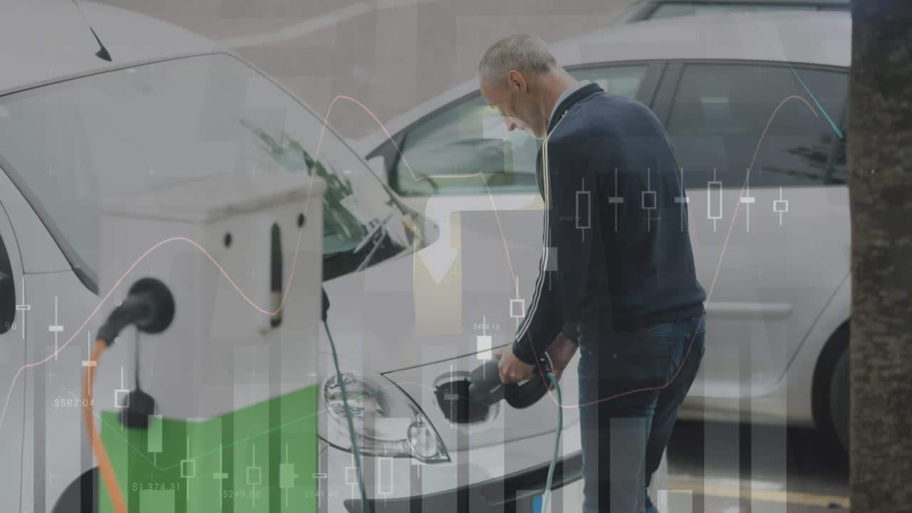 카우카스계 고위층 남자가 전기차를 충전하는 금융 그래프의 애니메이션