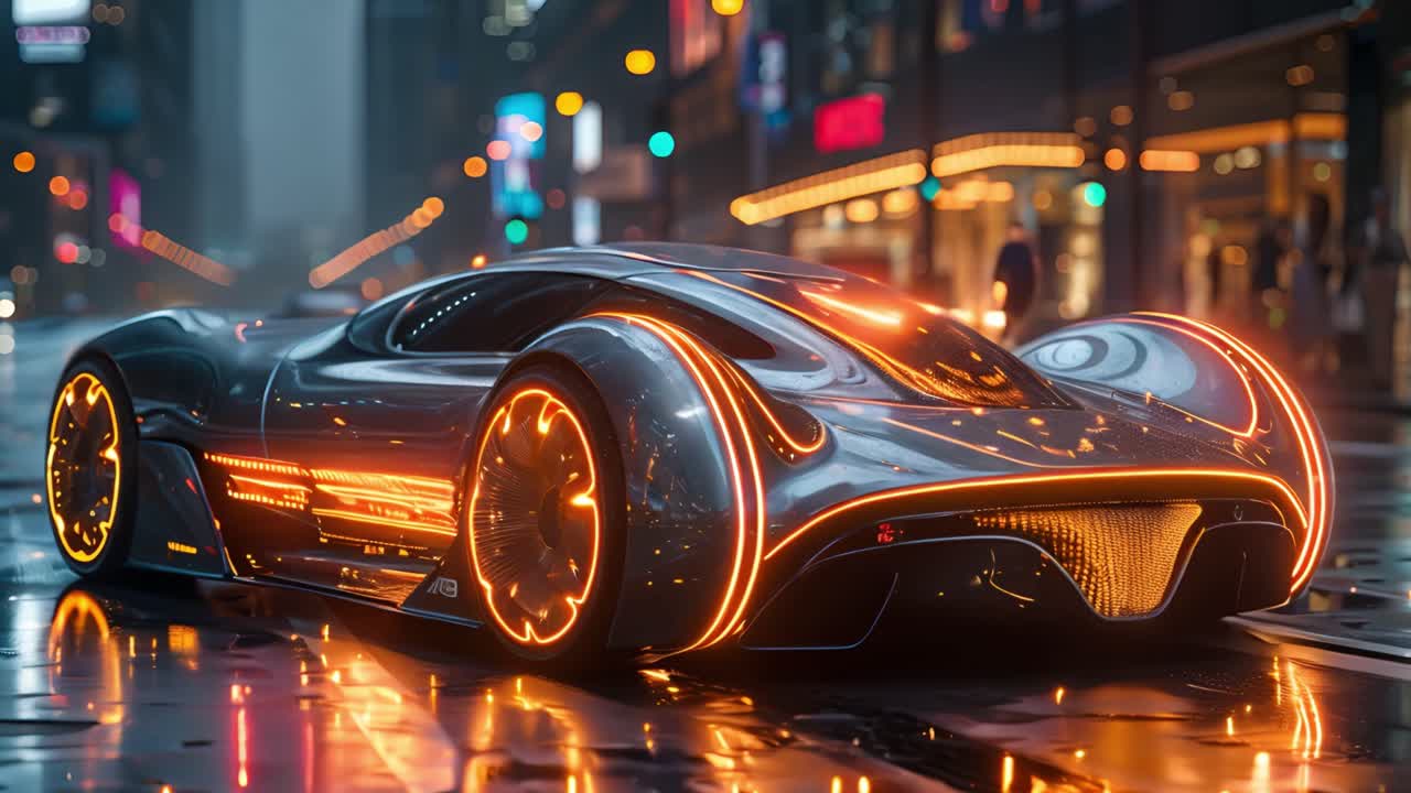 Futuristic Neon-Lit Concept Car on a Wet City Street at Night