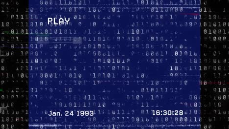 animation of video tape and binary code on navy background