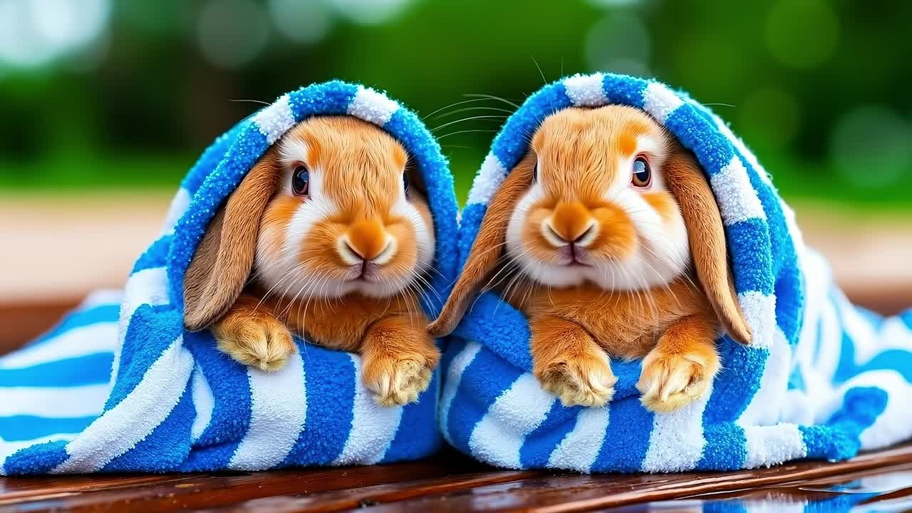 Two cute rabbits in towels