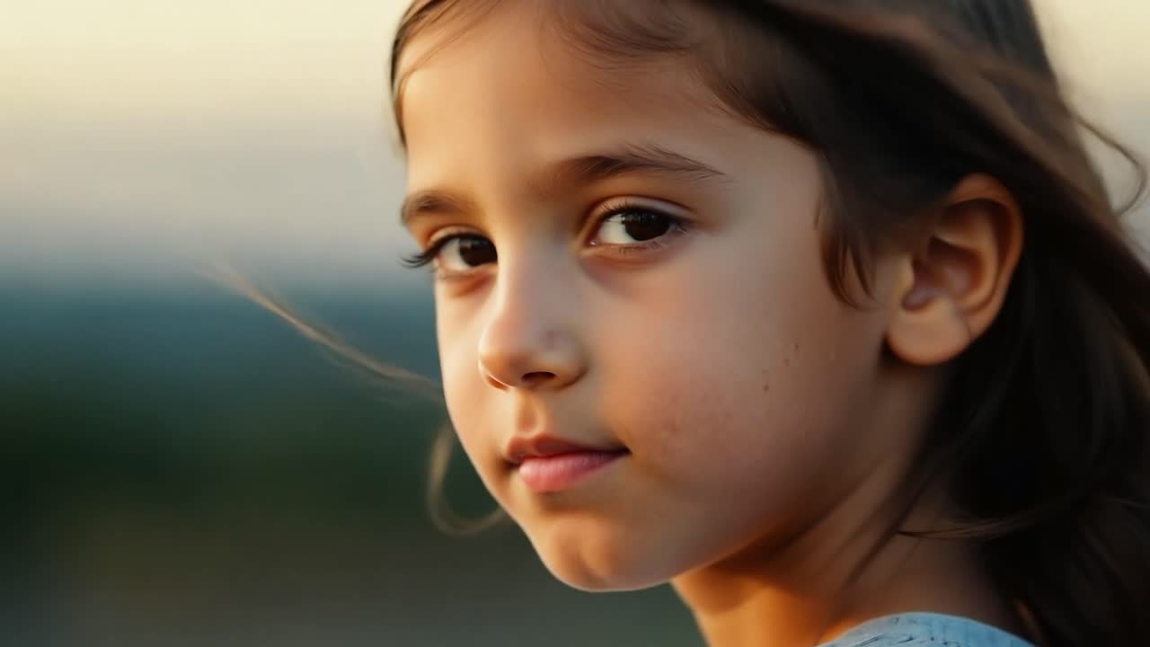 joven con el cabello largo y marrón gira la cabeza, mirando a la cámara con una expresión alegre en un entorno natural al aire libre