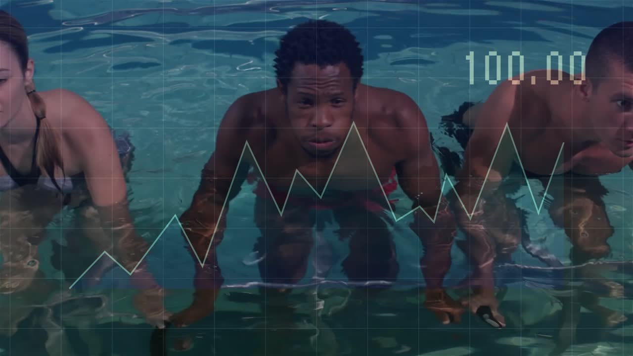 Two men gripping aquabikes pedaling as graph rising until woman joining pedaling fitness group