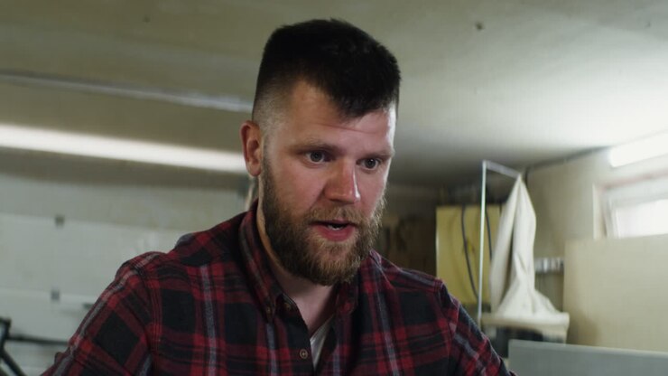 Man Working on Laptop in Garage