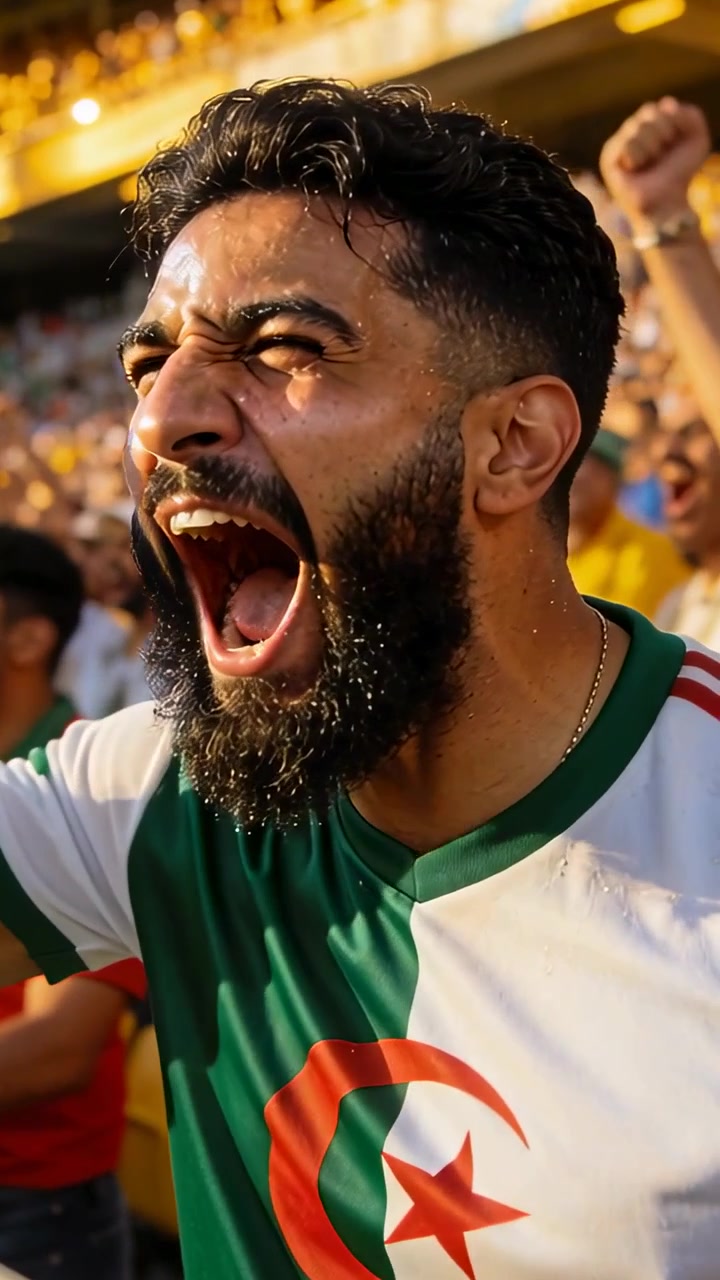 Video verticale: Tifoso che urla con la maglia a mezzaluna, che reagisce a un evento della partita per la sua squadra allo stadio, esultando.