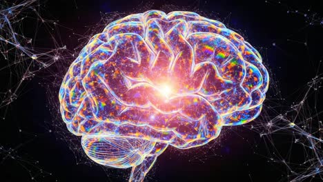 a stunning visual representation of the human brain transitioning through colors and light, highlighting its complexity and beauty in a digital universe