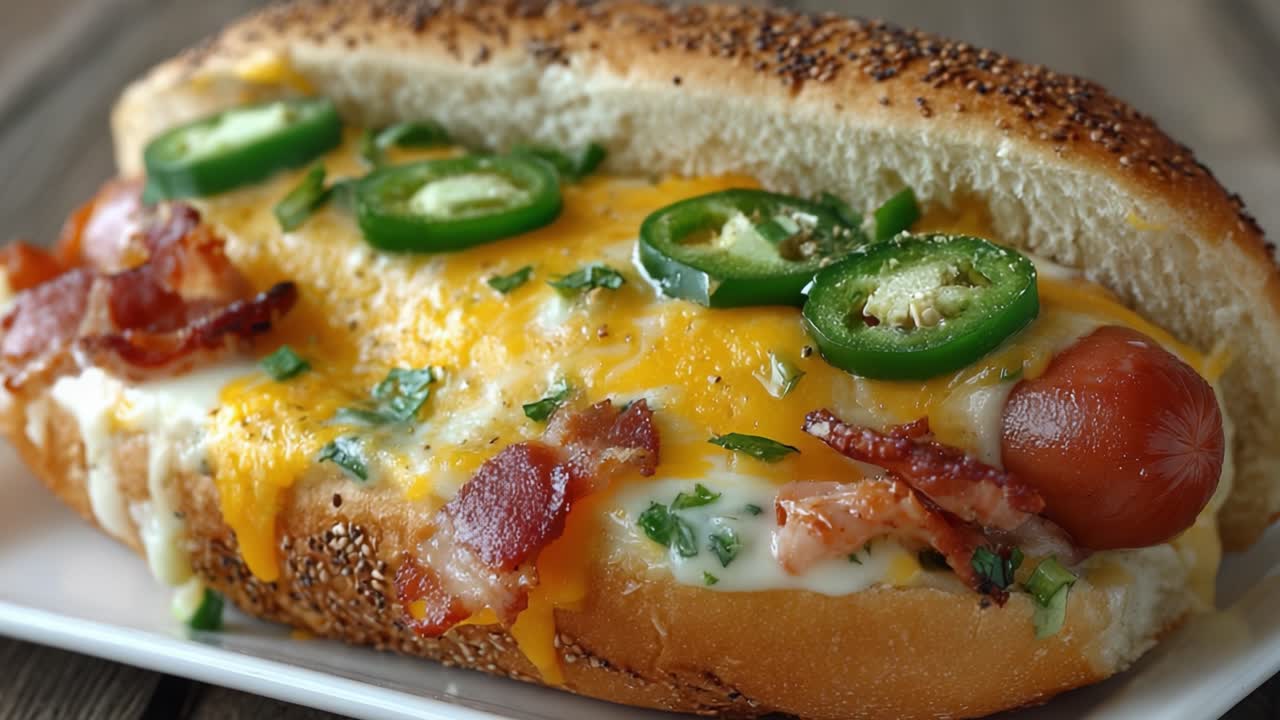 Hot dog keju nikmat dengan bacon melimpah, jalapeños, dan rempah segar, disajikan di atas roti bun renyah – Sajian sempurna bagi pecinta rasa.